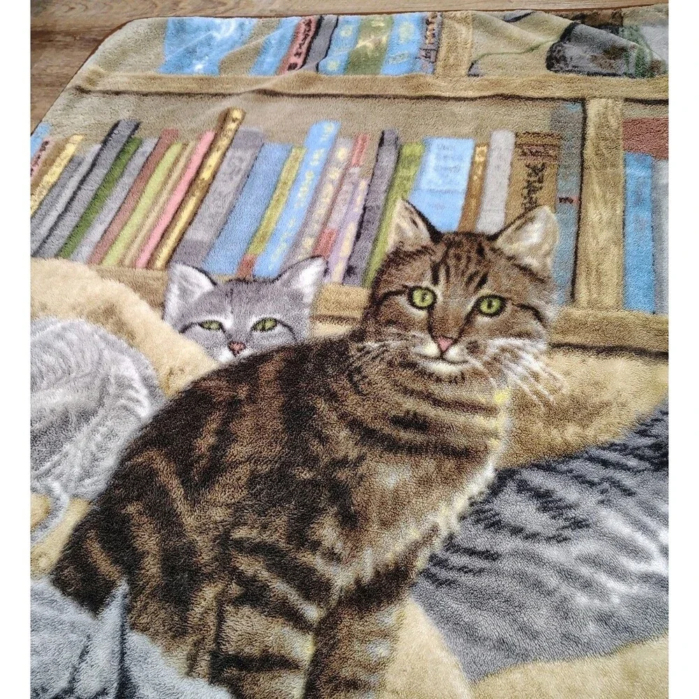Cat Throw Blanket Plush Soft Books Yarn Cottagecore Crazy Cat Lady Cozy Cottage